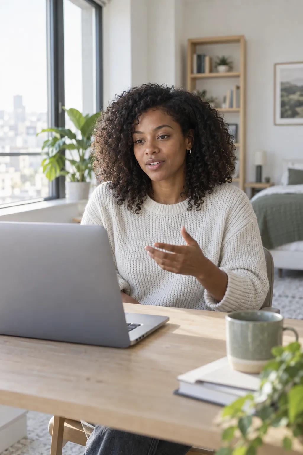 A candidate answering a mock interview question at her laptop by a bright window
