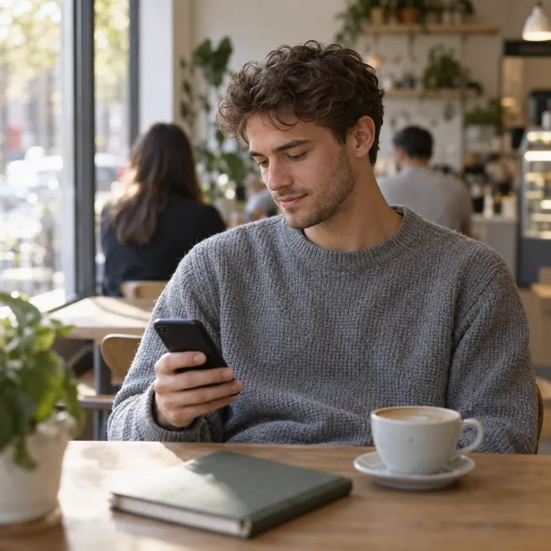 A man scrolling job listings on his phone at a café table
