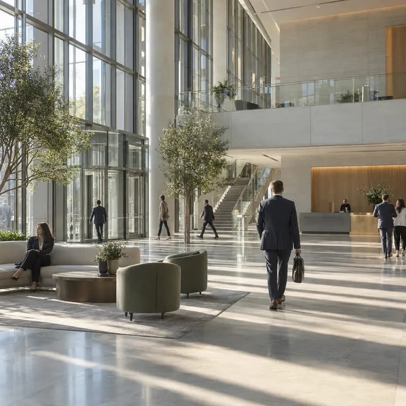 A candidate walking through the sunlit atrium of a corporate headquarters