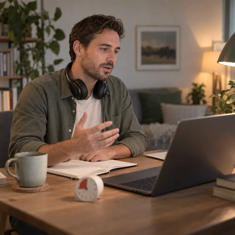 A man practising answers aloud at his desk in the evening with a timer beside his notebook
