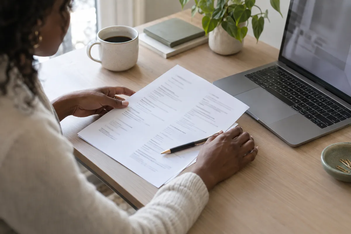 Hands reviewing a printed résumé beside a laptop and a cup of coffee