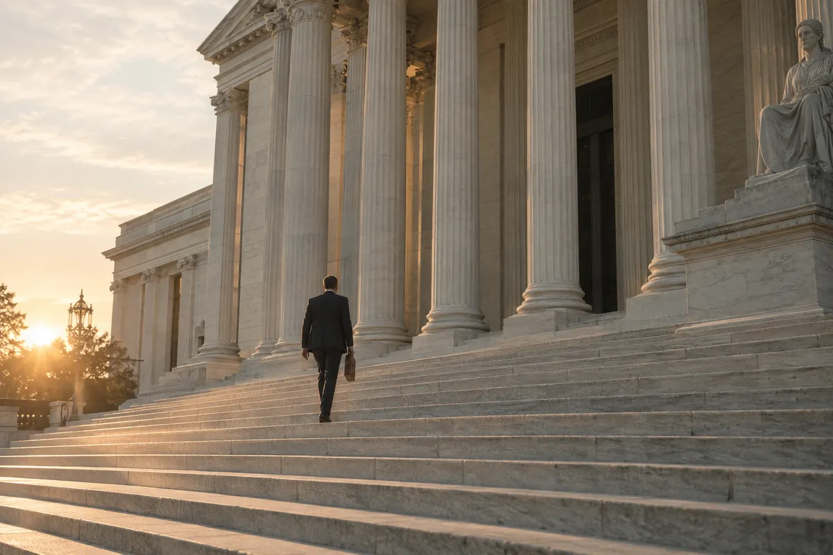 A lawyer carrying a folio up the steps of a columned courthouse at golden hour