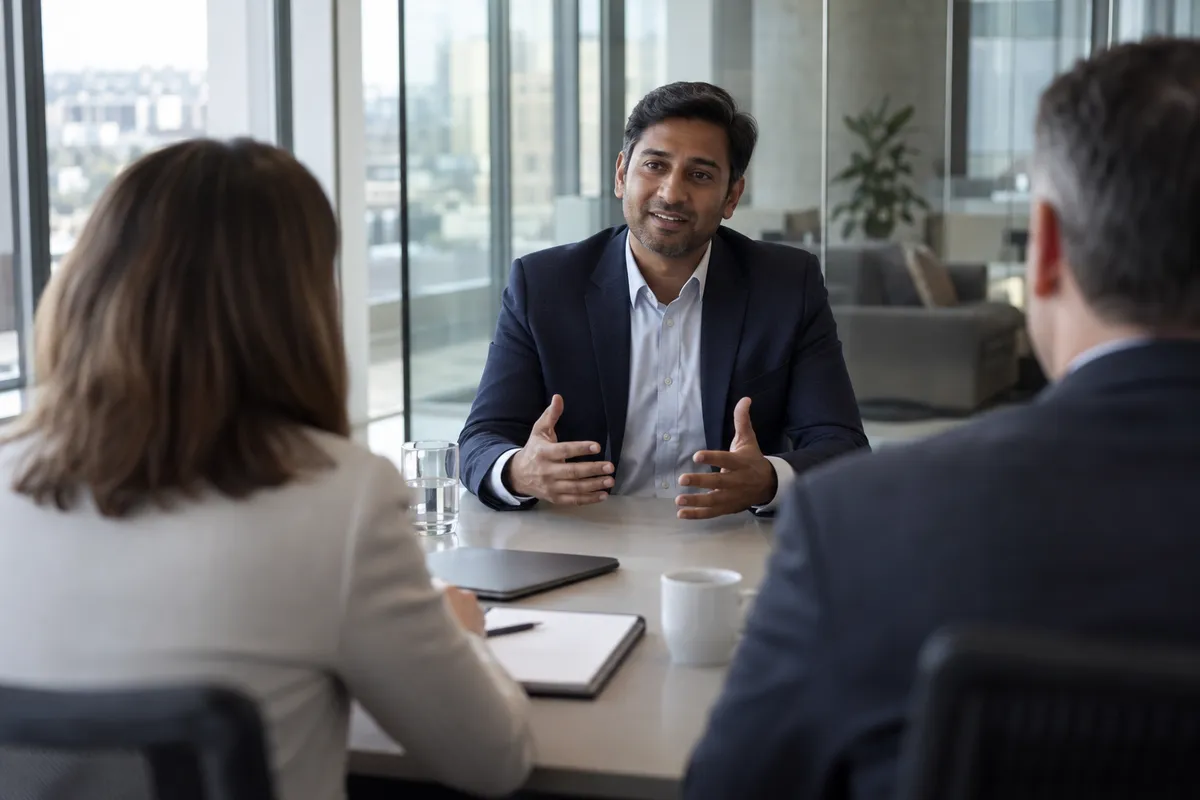 A candidate answering questions across the table from a two-person interview panel in a glass-walled meeting room